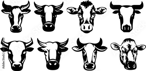 Cow head mascot variant set. Cattle logo. Farm animal illustration.