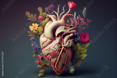 Human Heart With Flowers, Love And Emotion Concept, Good Hearted Person, Help And Charity. Generative AI