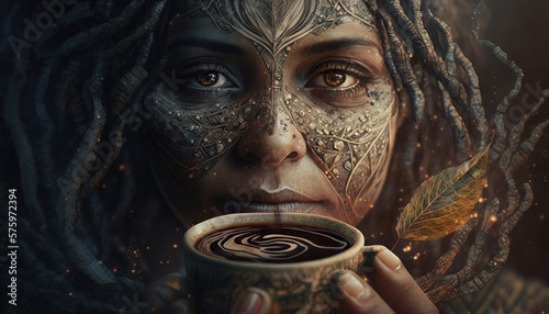 Beautiful face of American woman drinking ayahuasca infusion. spirituality concept. photo