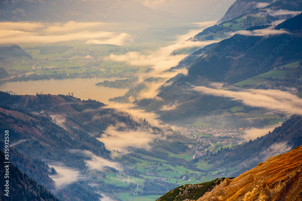 Hohe Tauern mountains and lake from above Grossglockner road at dawn, Austria