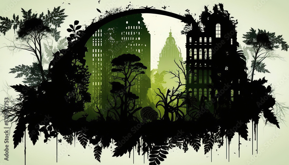 silhouette of city and plants on white background icon or vector style. awareness of recycling and the importance of plants