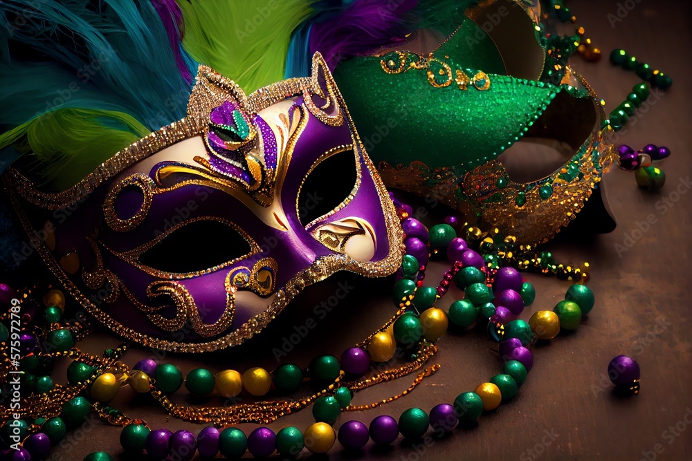 Mardi Gras Party Decor. Carnival Mask And Beads. Generative AI Mardi Gras Party Decor. Carnival Mask And Beads. Generative AI