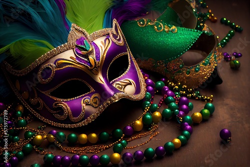 Mardi Gras Party Decor. Carnival Mask And Beads. Generative AI
