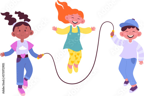 Happy children jump rope flat icon Leisure time