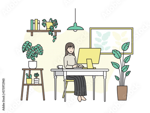 リモートワークをする女性のイラスト