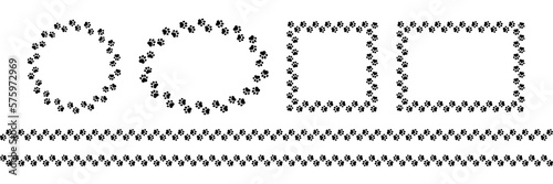 Frame paw pattern. Cute zoo border dog or cat. Black footprint boarder isolated on white background. Mark animal frames. Seamless border for design prints. Abstract footmark steps. Vector illustration