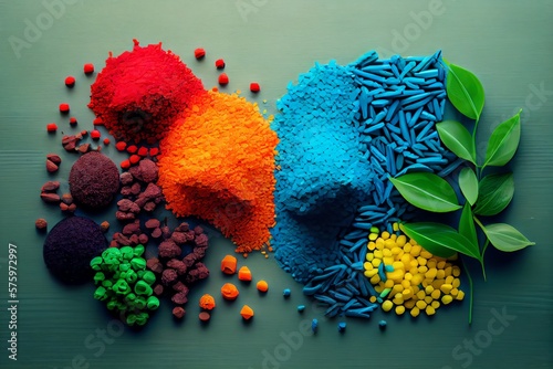 Nature-Friendly Biodegradable Plastic Granules Different Colors On Table. Recycling Concept. Generative AI