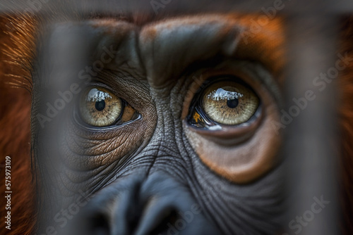 Tela Close-up of an orangutans eyes peering out from behind bars in a zoo