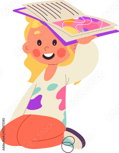 Children read book flat icon Cute girl reading literature