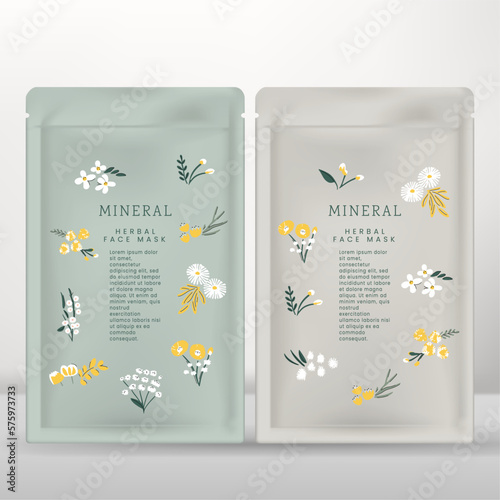 Vector Facial Mask Foil Bag or Packet with Hand Drawn Floral or Herbal Print Pattern.