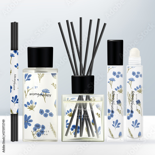 Vector Clear Glass or Plastic Screw Cap Bottle Diffuser Bottle, Roll-on Fragrance Bottle and Charcoal Reed Aromatic Home Diffuser Set.