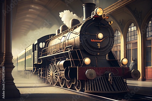 Vintage Steam Train Locomotive, In Train Station. Beautiful Vintage Theme Image. Generative AI