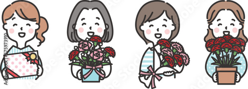 母の日のギフトを持つ女性たち　イラストセット
