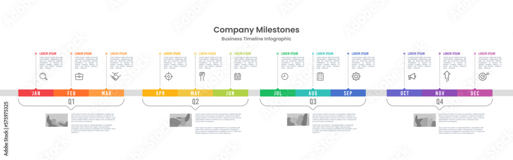 Infographic template for business. 12 Months timeline to success. Presentation, Roadmap, Milestone. Vector illustration. - obrazy, fototapety, plakaty 
