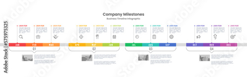 Infographic template for business. 12 Months timeline to success. Presentation, Roadmap, Milestone. Vector illustration.