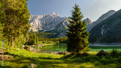 View of Laghi di Fusine (Fusine Lakes) in the Julian Alps, Northern Italy