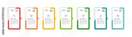 Seven numbered rectangular frames with information and icons. Simple infographic for business presentation. Vector illustration.
