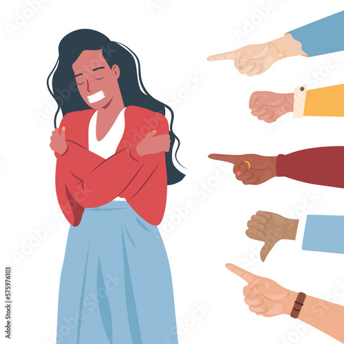 Different hands indicate a frightened young woman. A victim of bullying. Sad girl suffers from psychological abuse. Weeping woman surrounded by hands. Public censure. Flat vector illustration