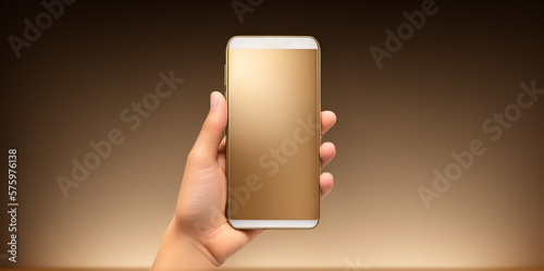 One hand holding a smartphone / Mobile phone with blank display / Golden + White / Ideal for a presentation + decoration / Neutral background / Space for text / Blank text / Copy space
 photo