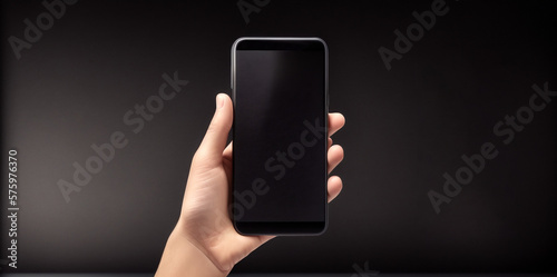 One hand holding a smartphone / Mobile phone with blank display / Black / Ideal for a presentation + decoration / Neutral background / Space for text / Blank text / Copy space
 photo