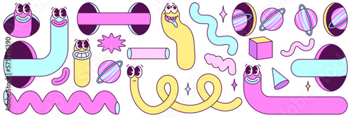 Funny psychedelic worms, characters. Abstract forms and portals. Trendy style of the 90s - 2000s. Y2k nostalgia. Vector illustration.