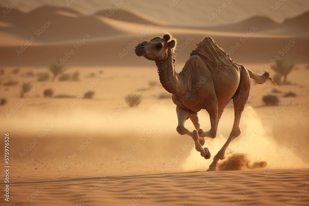 camel running in desert - obrazy, fototapety, plakaty 