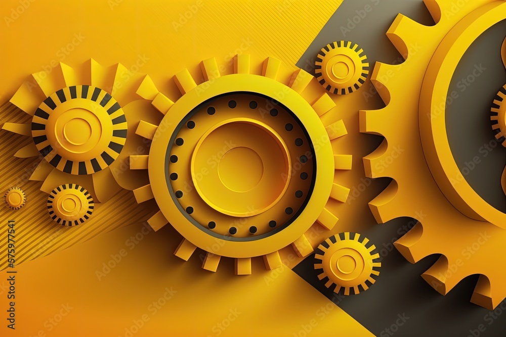 Digital illustration of gears on yellow background. Generative AI - obrazy, fototapety, plakaty 