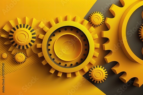 Digital illustration of gears on yellow background. Generative AI photo