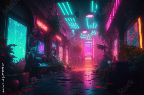 Neon jungle scene with glowing lights and plants