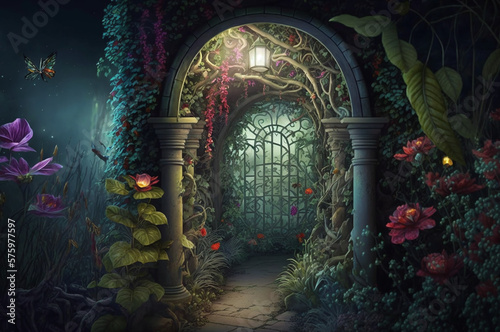 Leinwand Poster Magical archway with flowers and butterflies