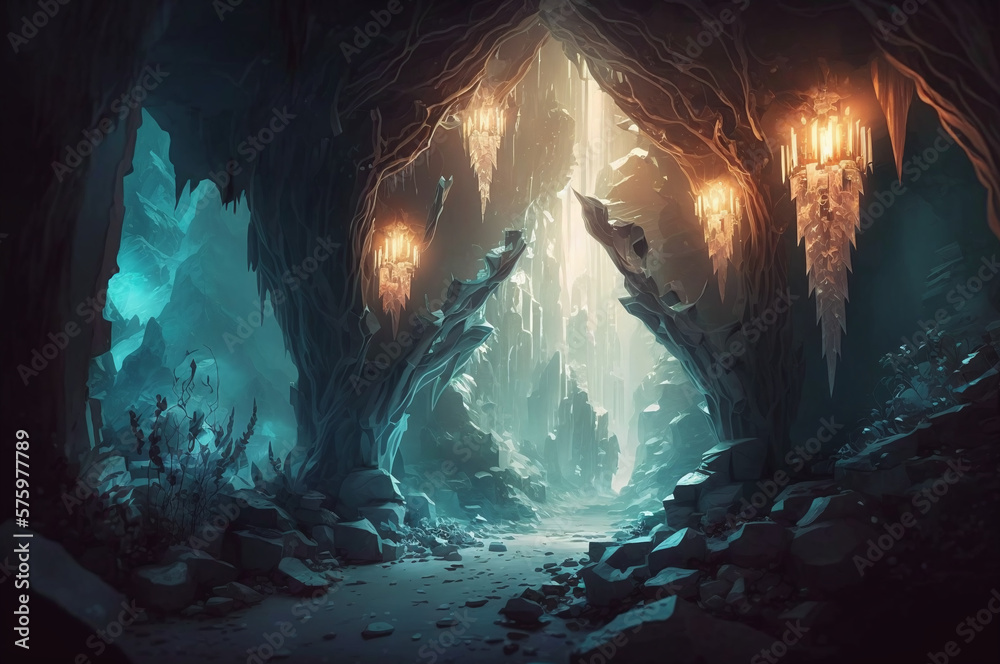 Crystal cave - glowing crystals and stalactites in a dark cave Stock ...