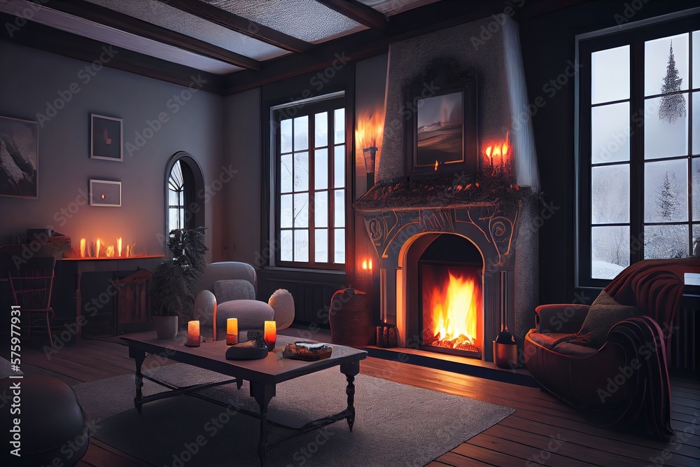 Cosy Living Room Interior Design Idea With Fireplace, Winter Architecture. Generative AI Cosy Living Room Interior Design Idea With Fireplace, Winter Architecture. Generative AI
