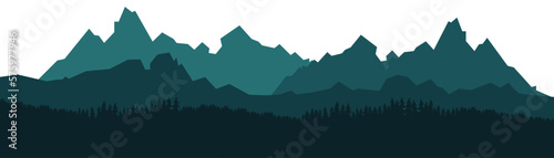 Blue silhouette of mountains forest woods, landscape panorama illustration icon vector for logo, isolated on white background