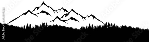 Black silhouette of mountains forest woods  landscape panorama illustration icon vector for logo  isolated on white background