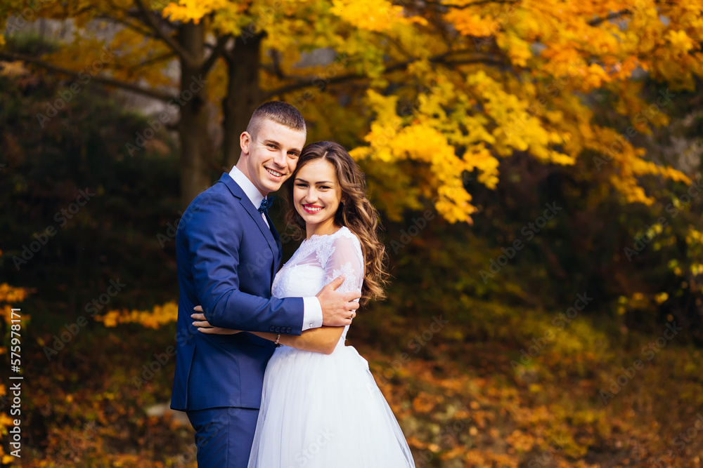 Cute newlyweds hug and smile in the park. Portrait of the bride and groom in a lace dress. Cute newlyweds hug and smile in the park. Portrait of the bride and groom in a lace dress.