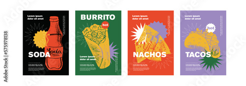 Foto Mexican burrito, soda, nachos, tacos