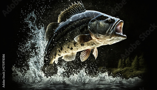The black bass fish jumps out of the river water in a stunning display of agility and power, generated by IA photo