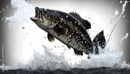 A majestic largemouth bass emerges from the depths , white background , generated by IA