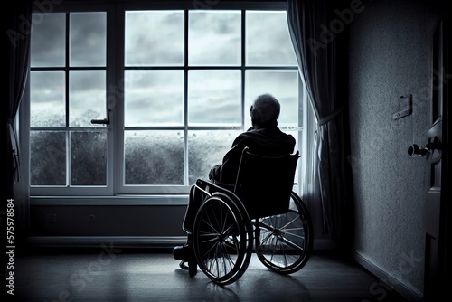 Lonely And Sad Elderly Person In A Wheelchair In A Nursing Home Looking Out The Window. Generative AI