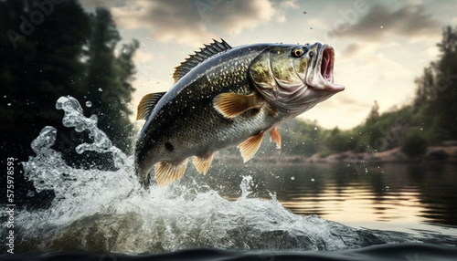 This stunning photo captures the excitement and thrill of sport fishing for black bass, generated by IA photo