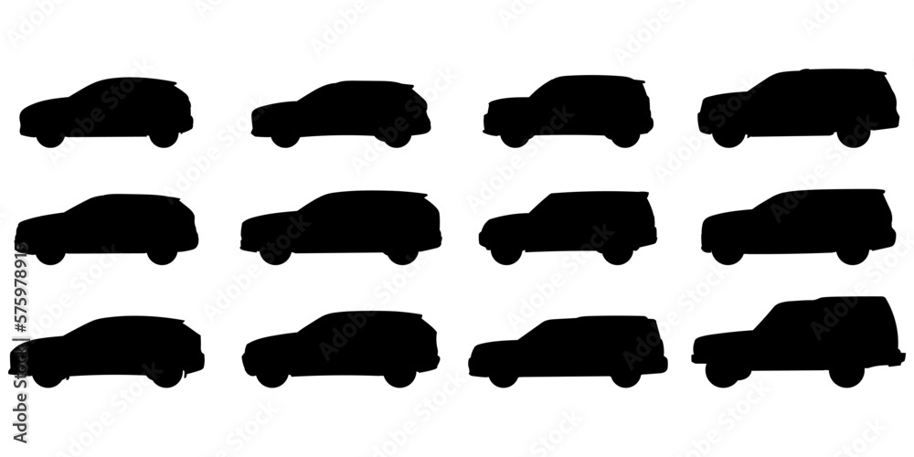 Set with 12 different silhouette types of suv cars in vector, side view. Doodle collection.