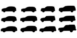 Set with 12 different silhouette types of suv cars in vector, side view. Doodle collection.