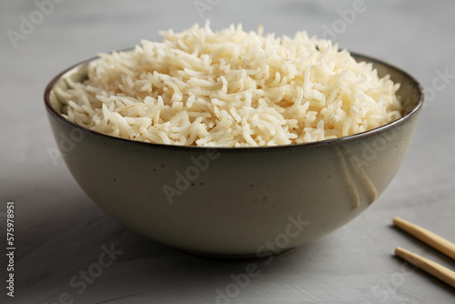 Homemade Cooked Basmati Rice in a Bowl, side view.