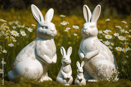 Porcelain rabbit statues in a flower field