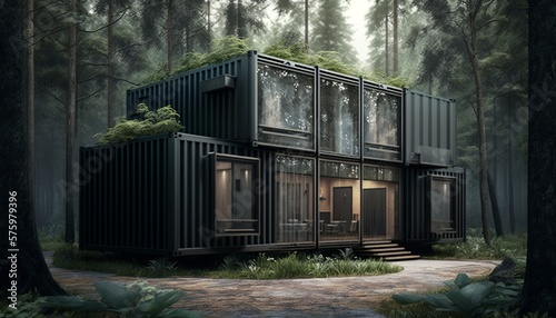 Luxury container house in the forest in the daylight. Generative AI