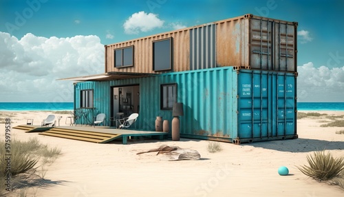 Rusty and dirty looking container house on the beach in the daylight. Generative AI