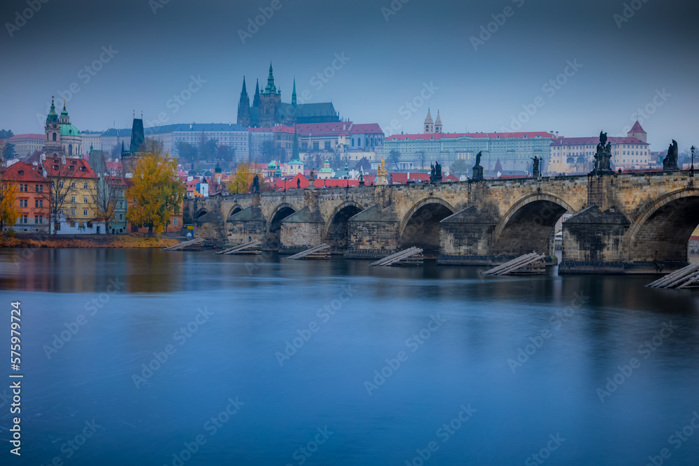 Panoramic view over the cityscape of Prague at dramatic dusk, Czech Republic
