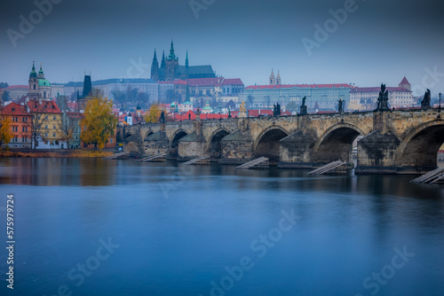 Panoramic view over the cityscape of Prague at dramatic dusk, Czech Republic