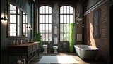 Industrial interior style bathroom with washbasin and brick wall. Generative AI