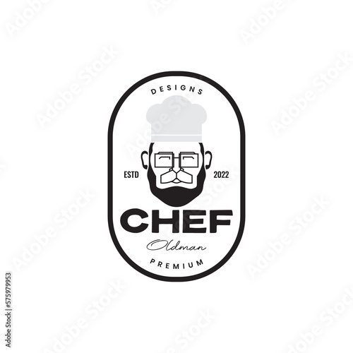 cartoon mascot cute chef master old man bearded sunglasses hat cooking badge minimal logo design vector